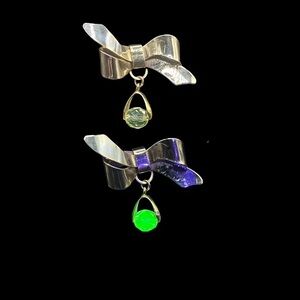 Vintage Bow Brooch With Salvaged Uranium Glass Bead Drop Accent Glows